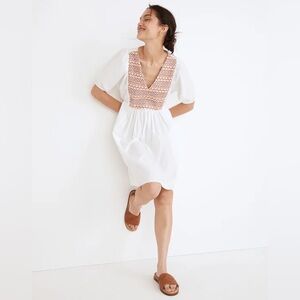 EUC Madewell White and Terracotta Embroidered Poplin V-Neck Mini Dress